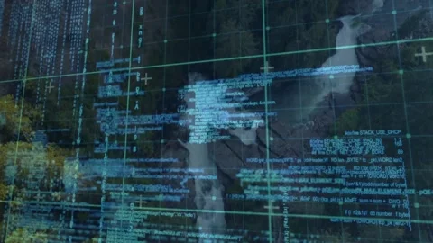 Data feed updating, digital geo overlay shifting code blocks and revealing river Stock Footage 328345608