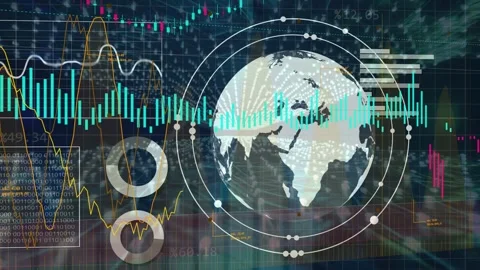 On data feed updating, globe rotating, pulsing rings, charts rising, showing Stock Footage 335761812