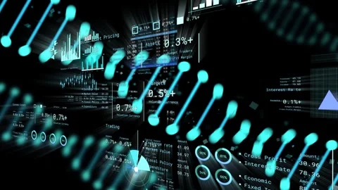 Data feed updating, glowing cyan helix sweeping across HUD, refreshing charts Stock Footage 334337589