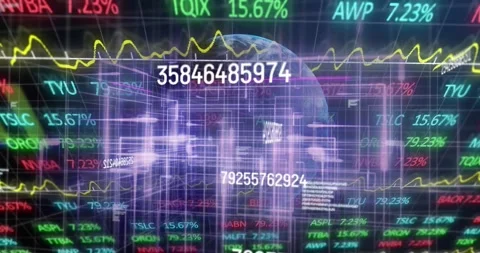 Data feed updating purple wireframe shifting into globe while market tickers Stock Footage 331176024