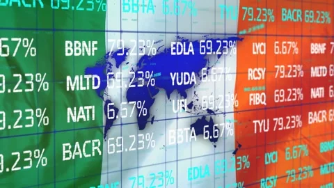 Data feed updating tickers scrolling percents rising blue map zooming over Stock Footage 329505402