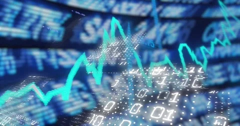 Data feed updating turquoise chart climbing, falling while binary plane shifting Stock Footage 320725215
