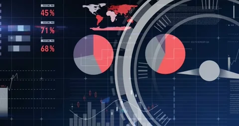 Data feed updating while large circular HUD rotating, sliding red disk revealing Stock Footage 332316283