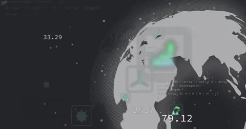Data field initiating rotating Earth, green icons appearing, JS code scrolling, Stock Footage 310971623