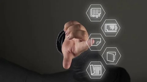 Data, files and folder hologram appears on person finger, showing, close Stock Footage 235429793