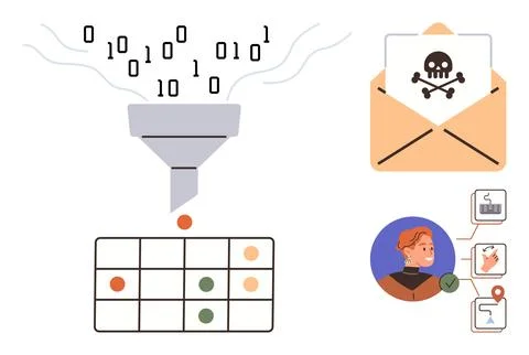 Data Filtering, Email Threats, and Identity Verification in Digital Security Illustrazione stock