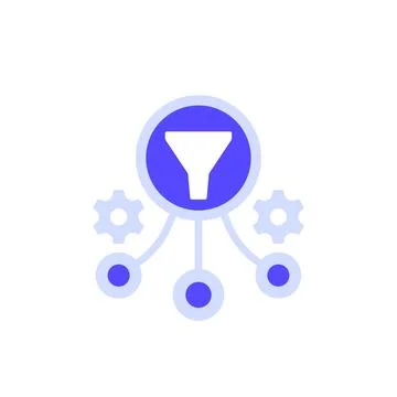 Data filtering icon with a funnel and gears Illustrazione stock