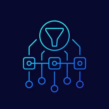 Data filtering line icon with funnel, vector Stock Illustration