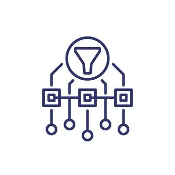 Data filtering line icon with a funnel Illustrazione stock