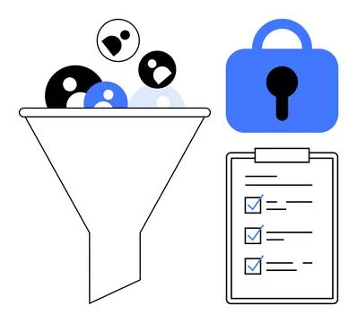 Data Filtering Process with Security Lock and Checklist Illustrazione stock