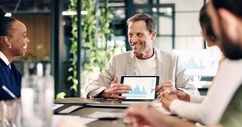 Data, finance and tablet screen with business people in boardroom for inves.. Stock Photos