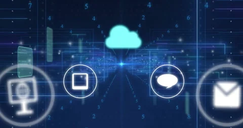 Data flow and communication icons in cloud computing animation on digital Stock Footage 306201071
