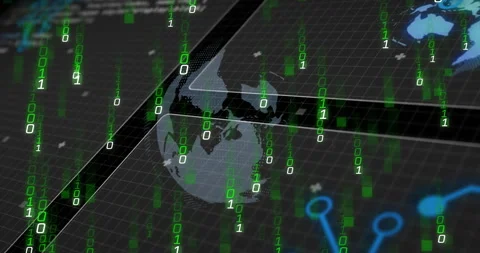 Data flow being displayed on dark 3D render grid with floating globe and green Stock Footage 307944663