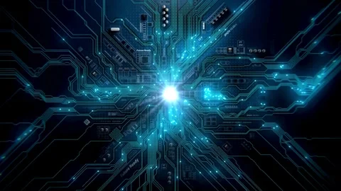 Data flow on computer circuit board. Glowing circuit boards and electronic 스톡 동영상 334024169