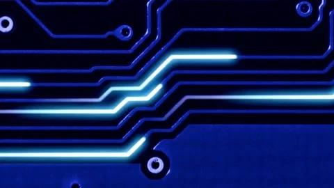 Data flow on computer circuit board. Glowing circuit boards and electronic Stock Footage 334024380
