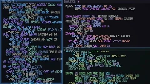 Data flow on computer screen shows code and digital Stock Footage 340368849