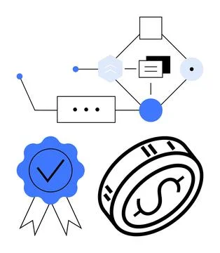 Data Flow Diagram with Dollar Coin and Quality Assurance Badge Concept Stockillustratie