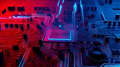 Data flow in a motherboard in pc. Processor among circuits and electronics. CPU Stock Footage 145766940