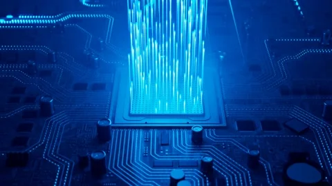 Data flow in a motherboard in pc. Processor among circuits and electronics. CPU Stock Footage 145767100