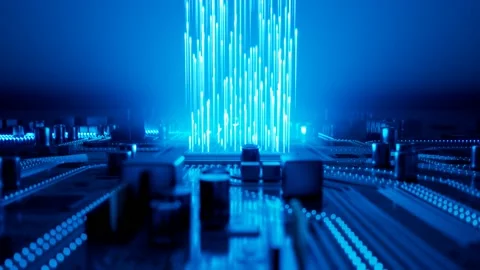 Data flow in a motherboard in pc. Processor among circuits and electronics. CPU Stock Footage 145767132