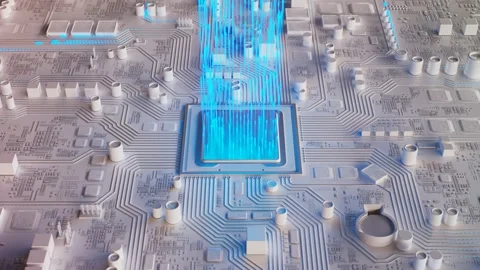 Data flow in a motherboard in pc. Processor among circuits and electronics. CPU Stock Footage 145767270