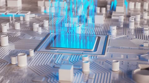 Data flow in a motherboard in pc. Processor among circuits and electronics. CPU Stock Footage 145767271