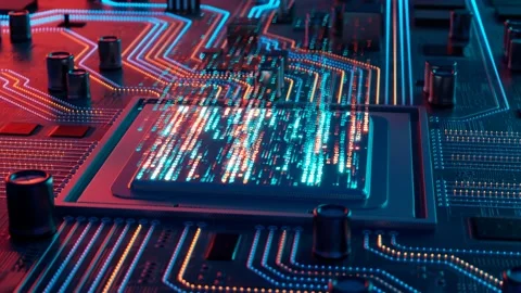 Data flow in a motherboard in pc. Processor among circuits and electronics. CPU Stock Footage 145767350