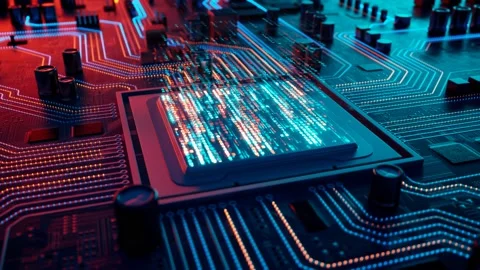 Data flow in a motherboard in pc. Processor among circuits and electronics. CPU Stock Footage 145767388