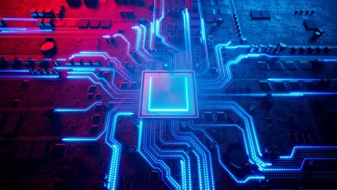 Data flow in a motherboard in pc. Processor among circuits and electronics. CPU Stock Footage 145767508