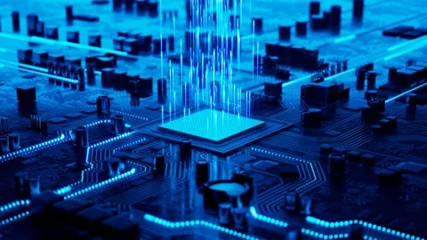 Data flow in a motherboard in pc. Processor among circuits and electronics. CPU Stock Footage 145767518