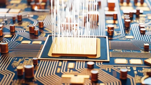 Data flow in a motherboard in pc. Processor among circuits and electronics. CPU Stock Footage 201205892
