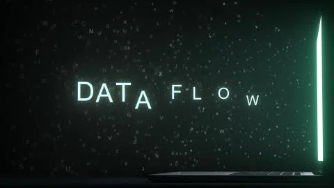 DATA FLOW text made with letters flying off laptop screen. 3D rendering Stock Illustration