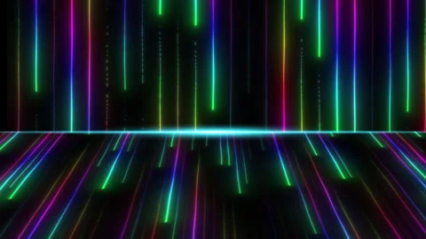 Data flow wall neon rainbow lines pulsing in dark room, vertical streaks on blac Stock Footage 321231164