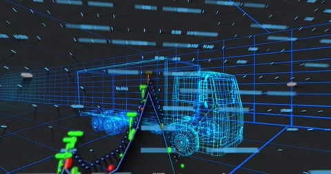 Data fragments streaming past wireframe truck, revealing rising analytics curves Stock Footage 320088938