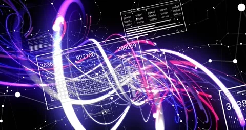 Data frames sliding in network activating neon ribbons weaving pulsing over Stock Footage 320089214
