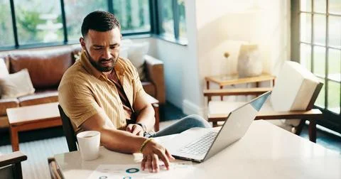 Data, freelancer and man with paperwork for problem solving, financial analysis Stock Photos