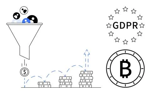 Data Funnel Process with Financial Growth Symbols, GDPR Compliance, and Cry.. Illustrazione stock