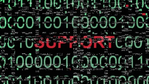 Data glitch of  binary digits with the word  SUPPORT prominently displayed .. Stock Footage 299753337