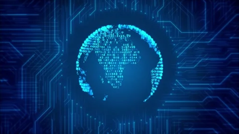 Data globe circuit technology visual with cyan numbers, glowing world shape, and Stock Footage 340550367