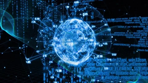 Data globe pulsing core, forming mesh, extending nodes, weaving ribbon, Stock Footage 329576013