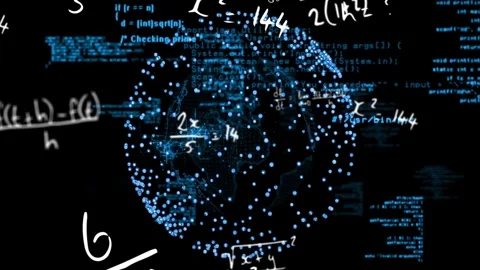 Data globe rotating on black, code streaming causing equations growing, showing Stock Footage 332804406