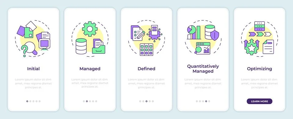 Data governance maturity model onboarding mobile app screen Stock Illustration