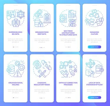 Data governance problems blue gradient onboarding mobile app screen set 库存插图
