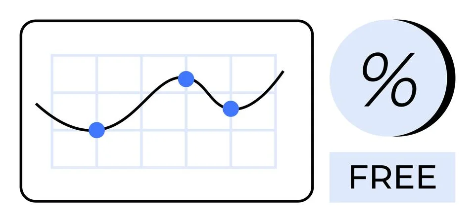 Data graph with line chart and three blue data points, percentage symbol, and Stock Illustration