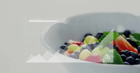 Data graph overlay on bowl of fresh fruit, analyzing nutritional content Stock Footage 305189114