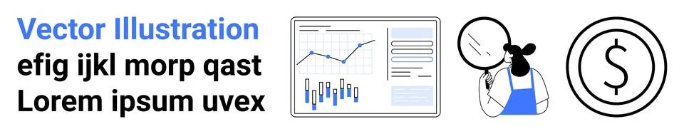 Data graph screen, character with magnifying glass, dollar sign. Ideal for fi 스톡 일러스트