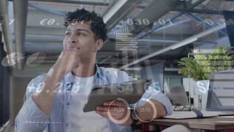 Data graphics appearing man holding tablet pausing, tapping and smiling Stock Footage 333169269