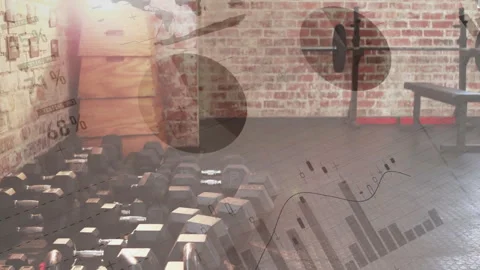 Data graphics fading in kettlebell rack causing camera panning right revealing Vídeos de archivo 314455678