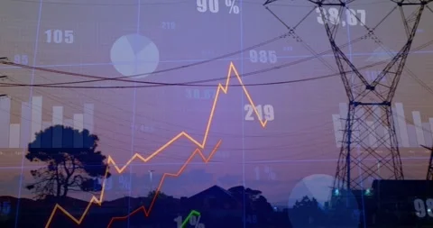 Data graphics fading in, power towers moving while orange line climbing, showing Stock Footage 331789922