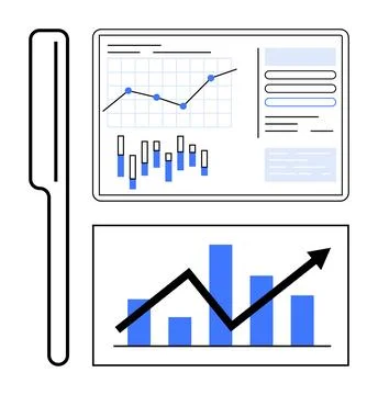 Data graphs, bar charts, line charts displayed on a screen with a pen beside  스톡 일러스트